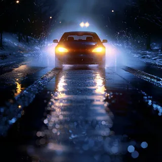 a car driving down a wet road at night