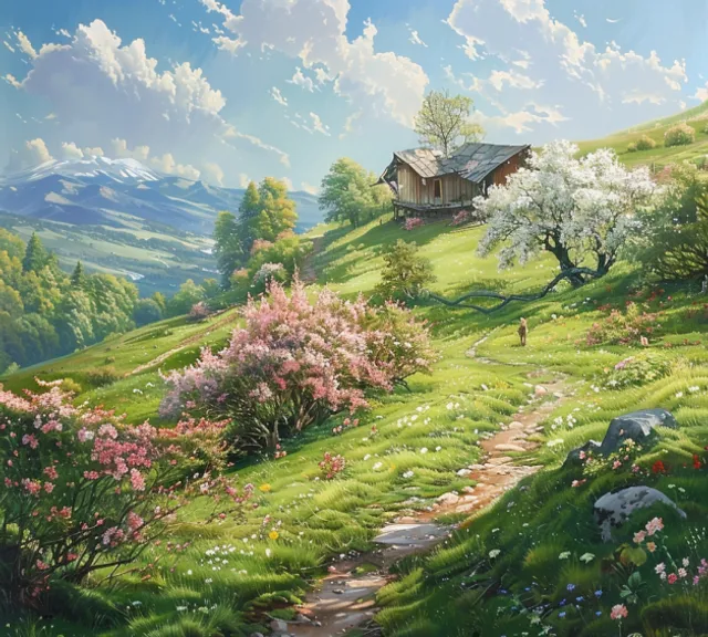 a painting of a house on a hill