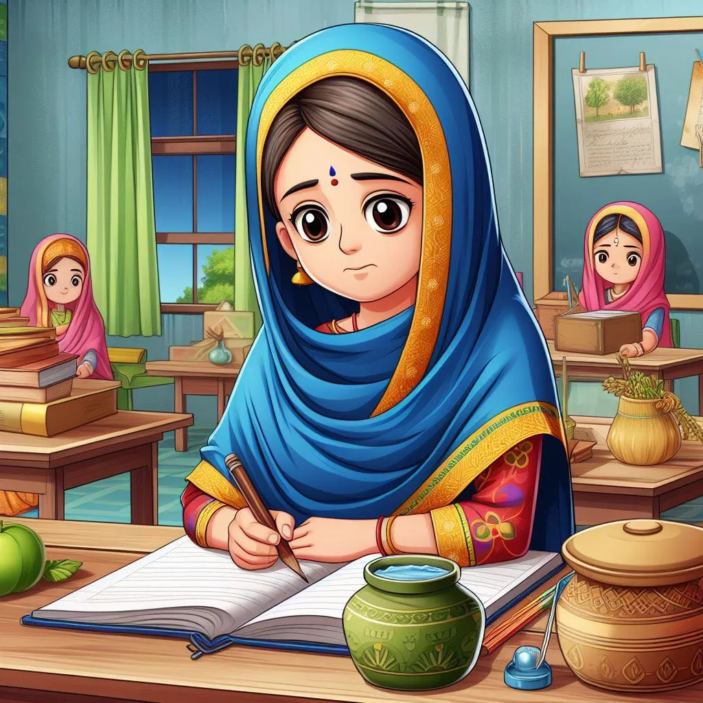 a girl in a blue sari writing in a classroom