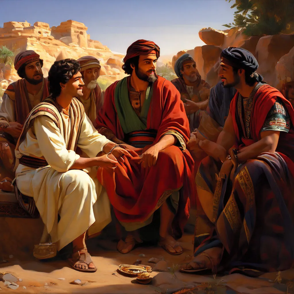 a painting of a group of men sitting on a rock