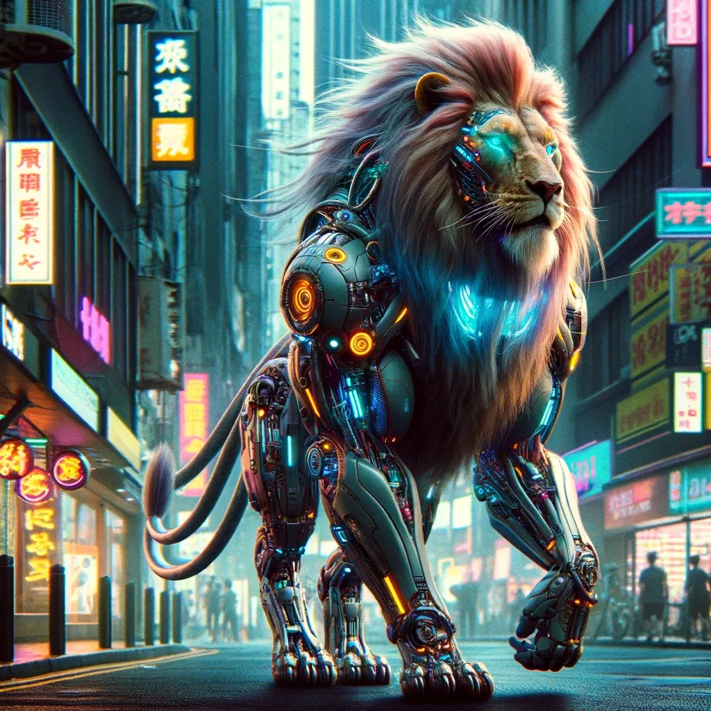 a lion in a futuristic city with neon lights