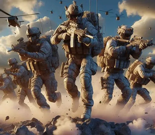 a group of soldiers running through the air