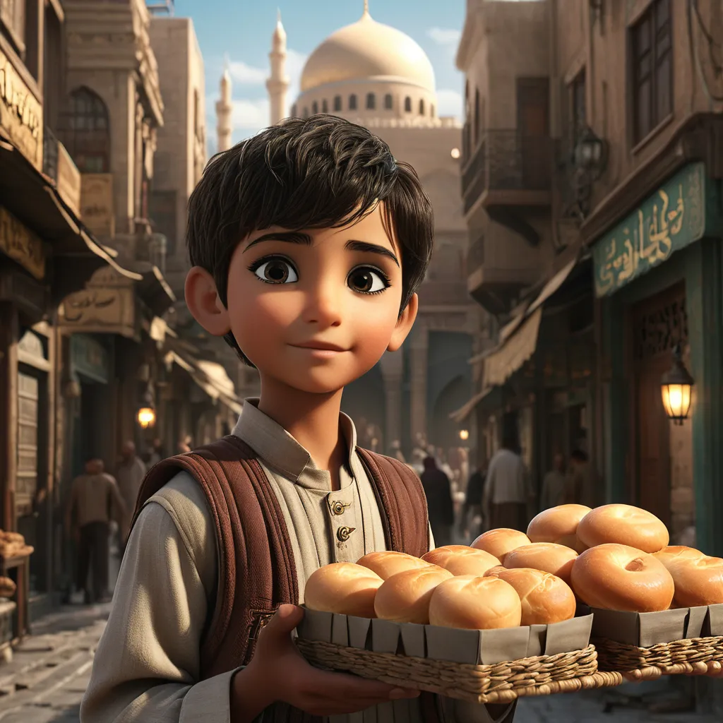 a boy holding a tray of donuts on a street