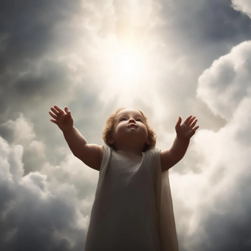 a little girl in a white dress standing under a cloudy sky