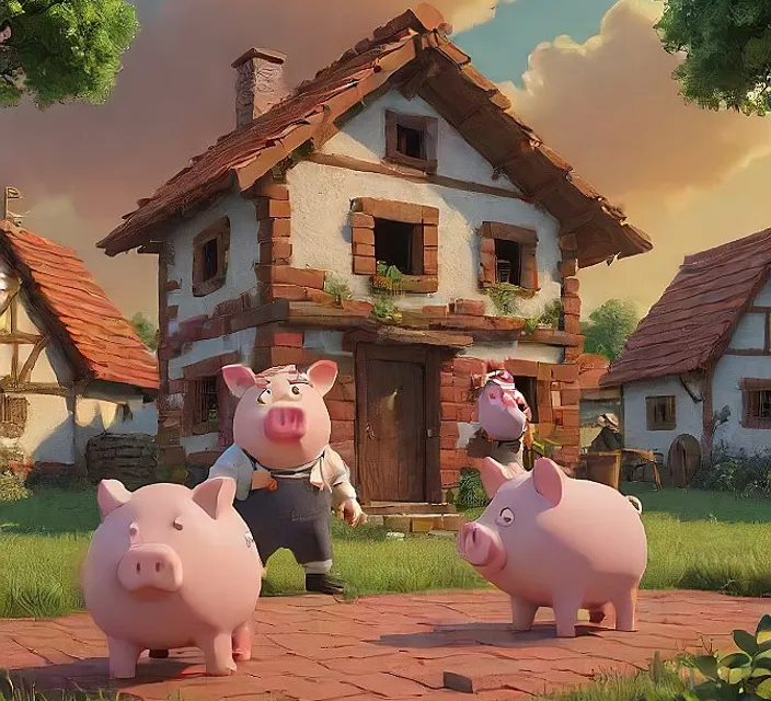 a group of pigs standing in front of a house