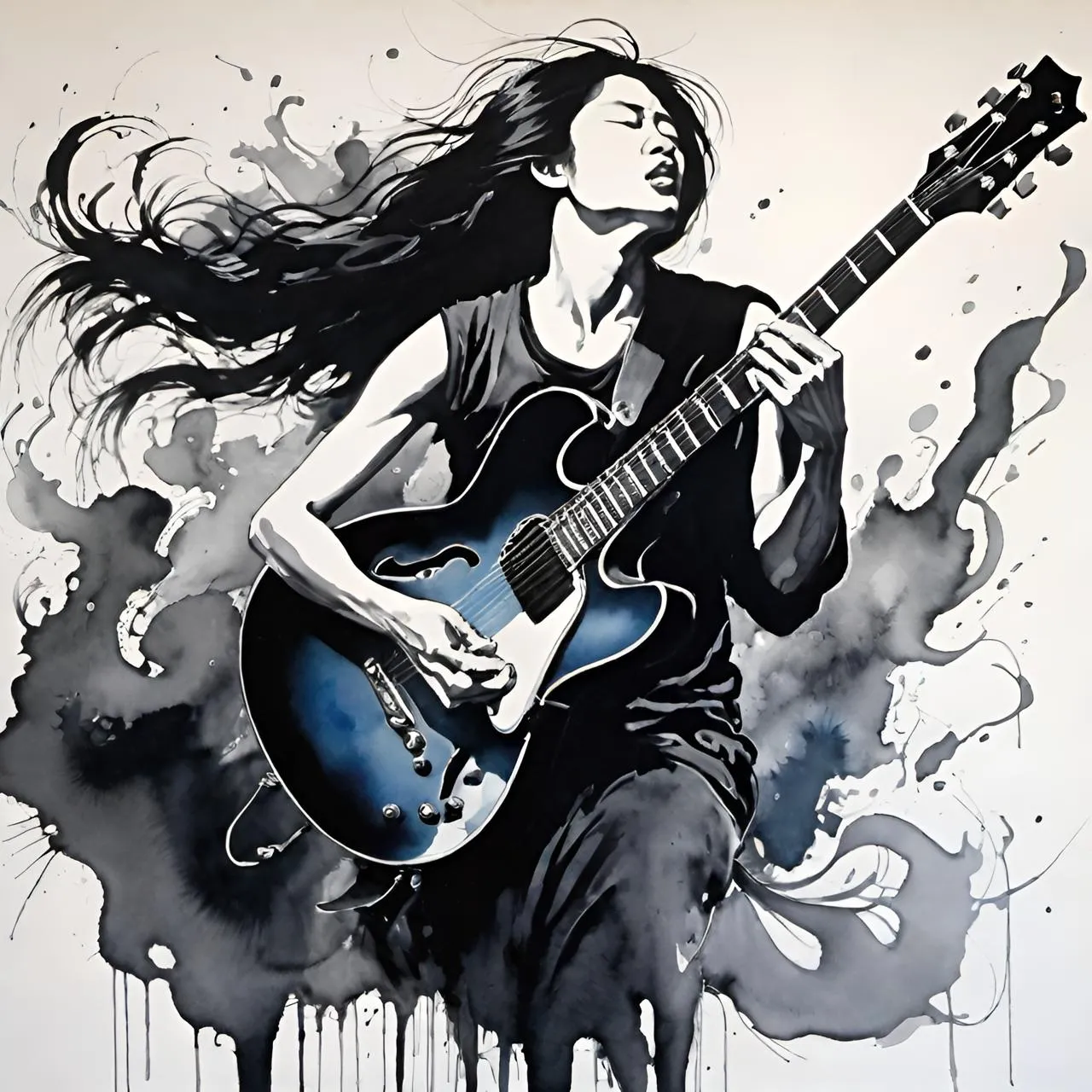 a drawing of a woman playing a guitar