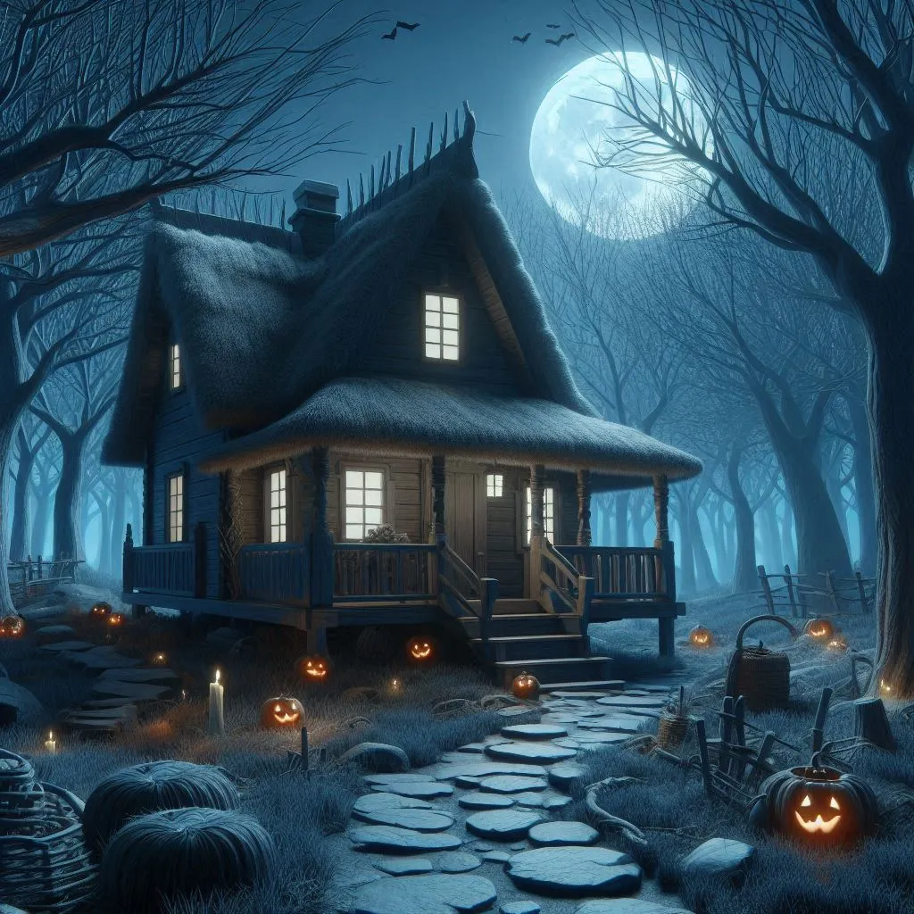 a house in the woods with a full moon in the background