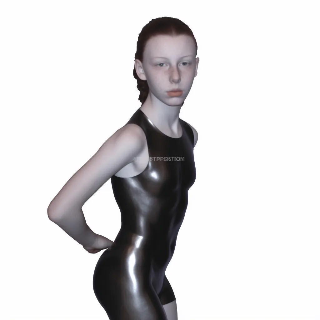 a woman in a shiny black bodysuit poses for the camera