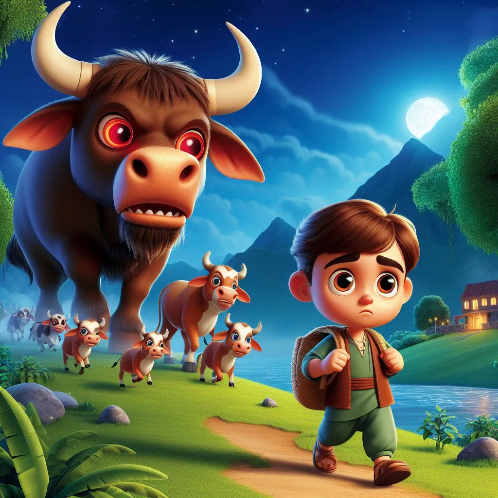 a boy and a cow in a cartoon scene looking each others