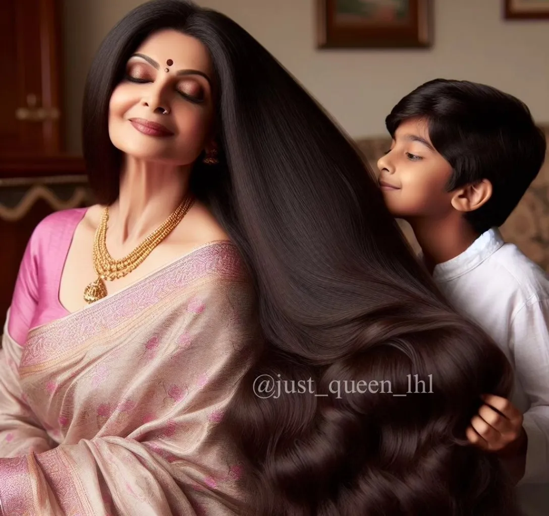 a little boy standing next to Kareena Kapoor with (((extreme long silky hair))) 