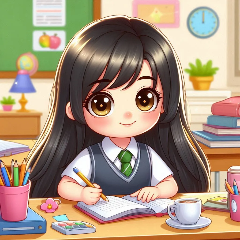 a girl sitting at a desk with a book and pencils