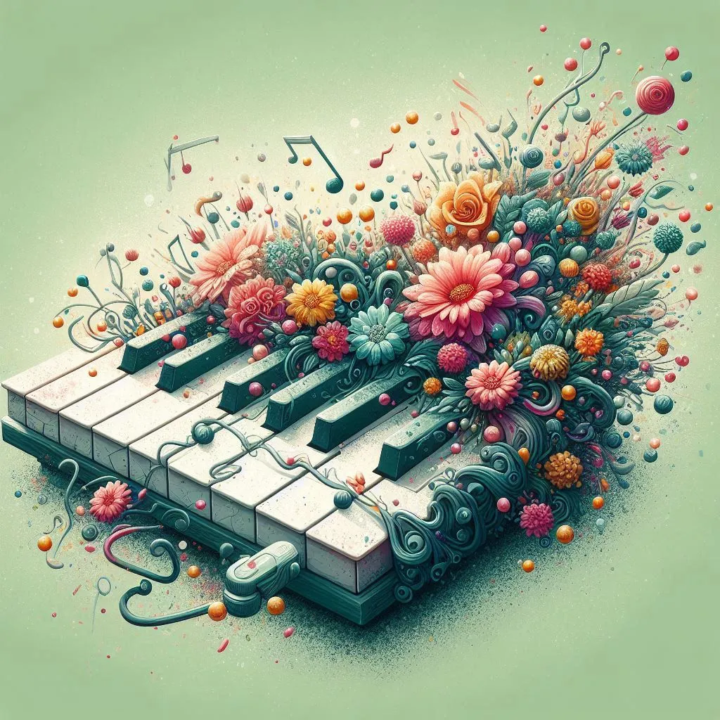 a digital painting of a piano with flowers and music notes