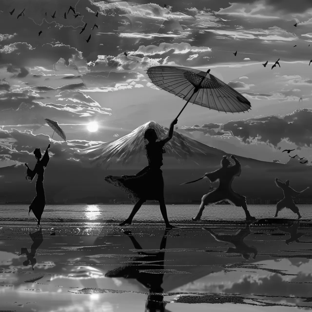 Silhouettes of people dancing on a beach at sunset, with layers of orange, pink and purple in the sky