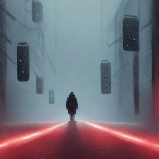 a person walking down a street in a foggy city