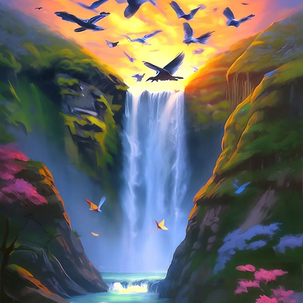 a painting of birds flying over a waterfall