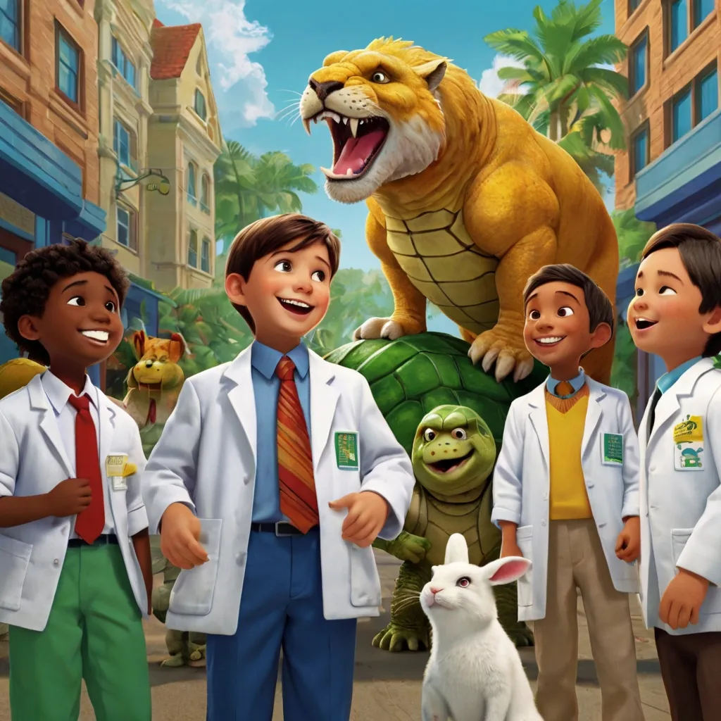 a group of children standing in front of a cartoon character, happy, moving, and talking to each other