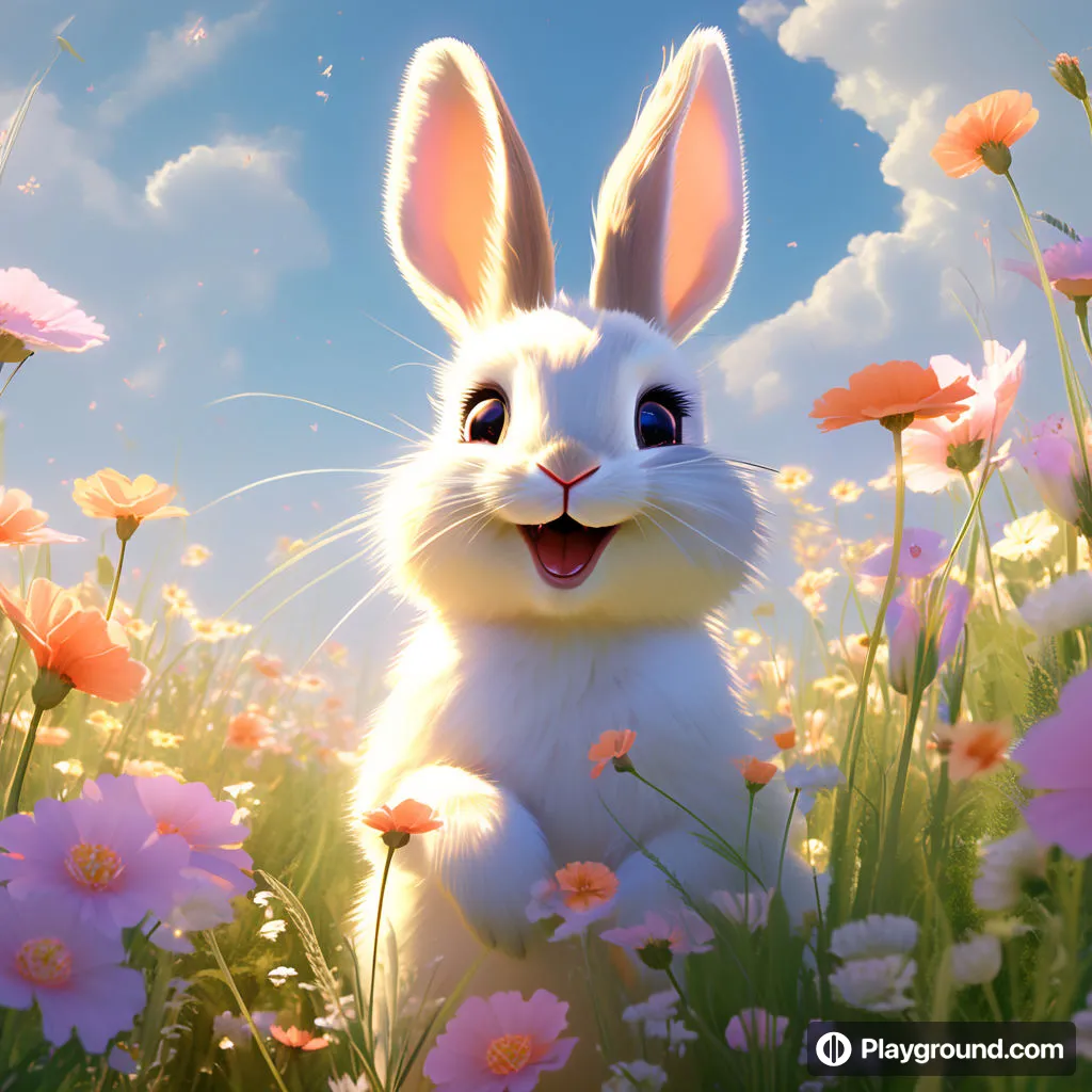 a white rabbit sitting in a field of flowers