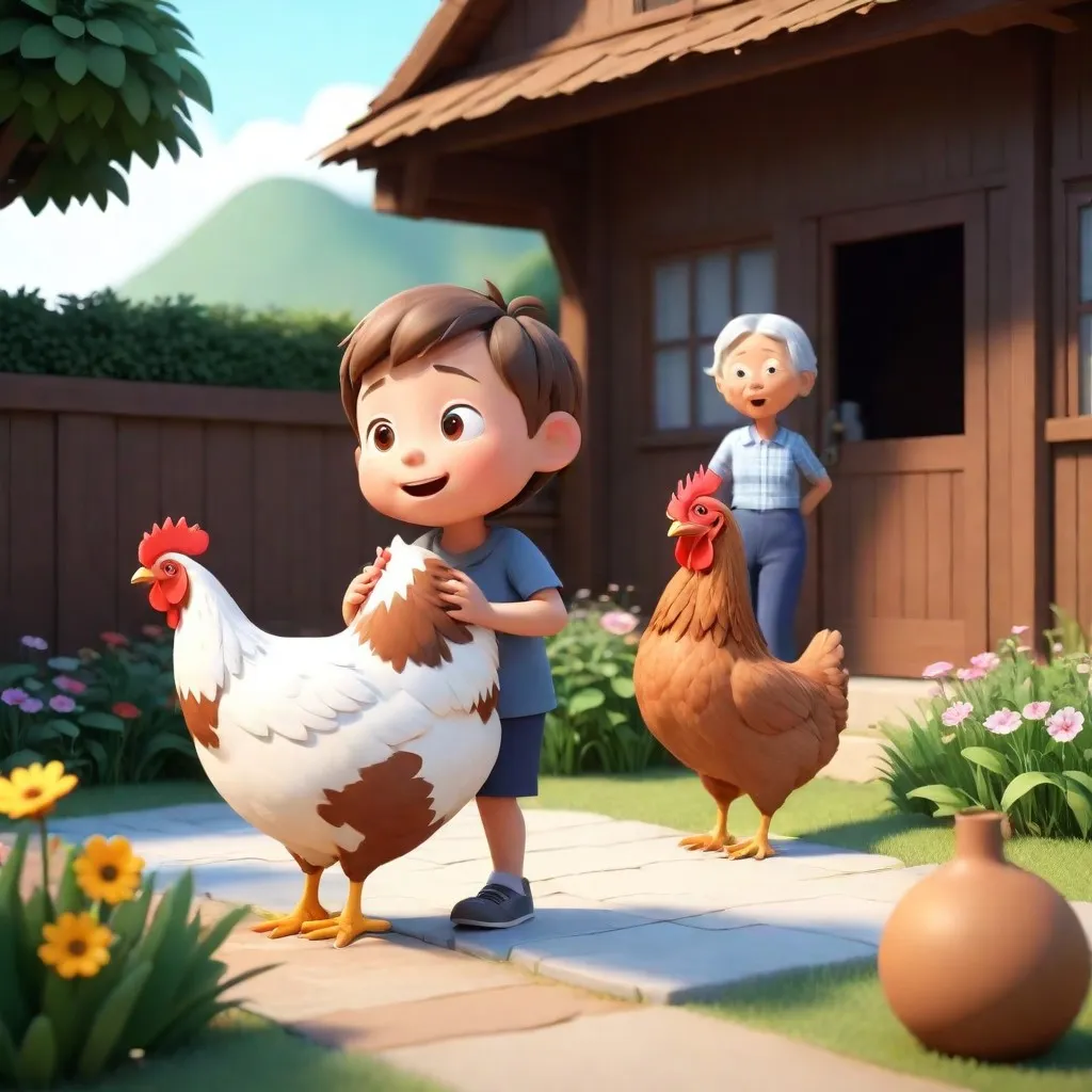 a boy standing next to a chicken on a sidewalk