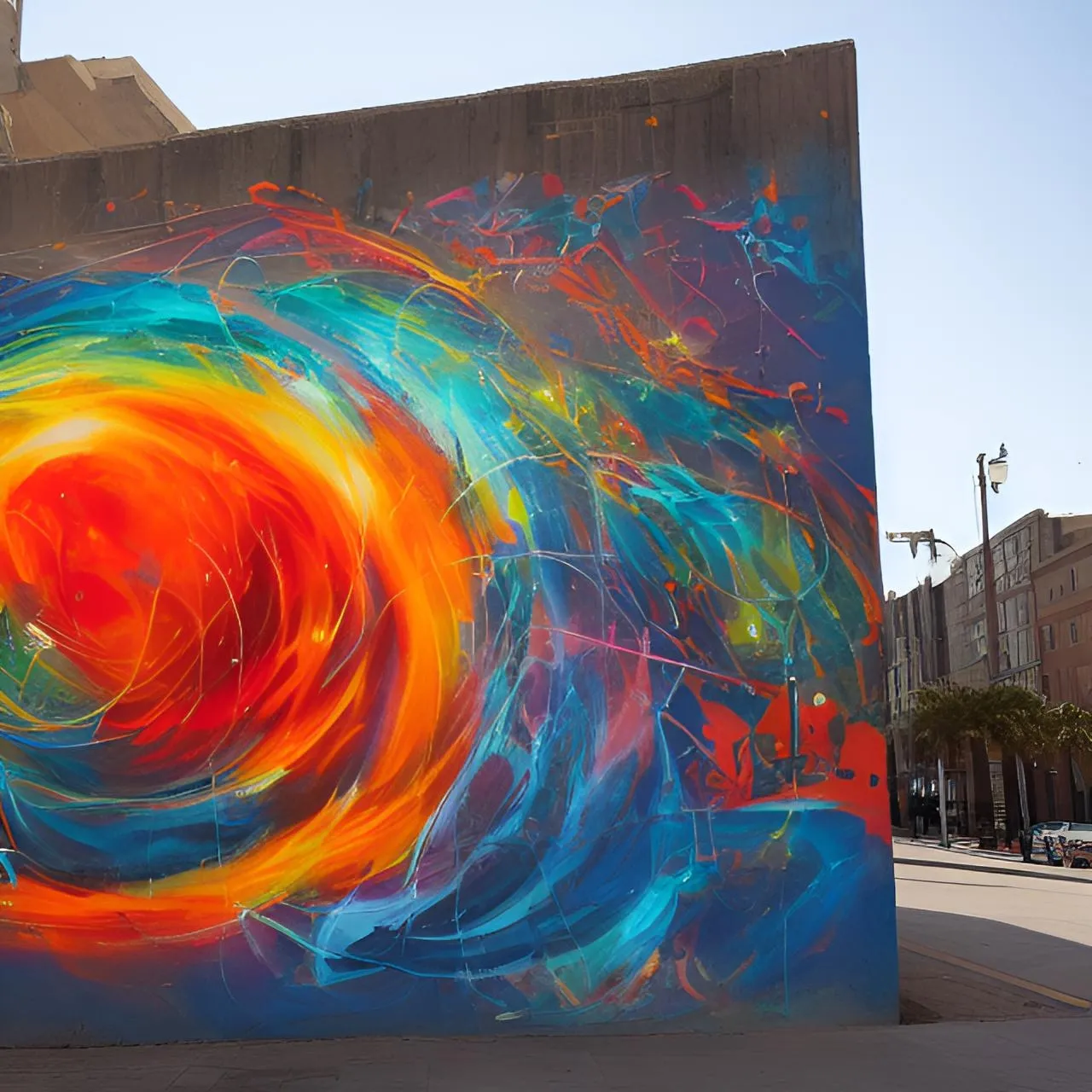 a painting of a colorful swirl on a wall