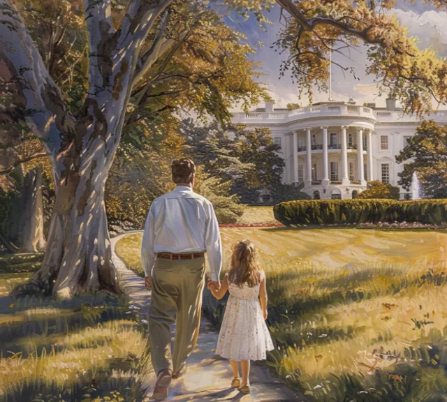 a painting of a father and daughter walking in front of the white house