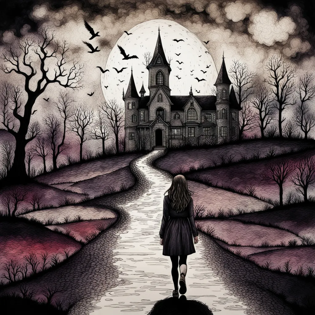 a painting of a woman walking towards a creepy house