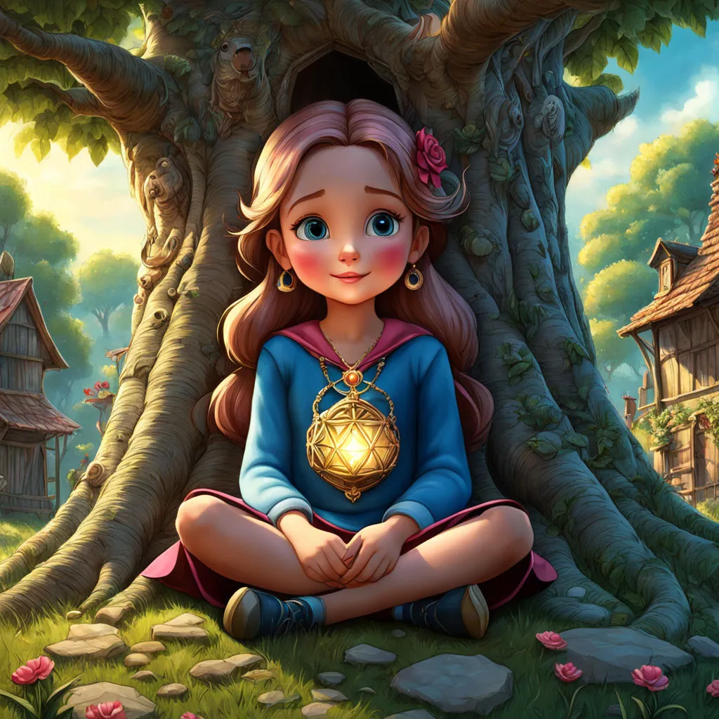 a girl sitting on the ground in front of a tree  put on the amulet 