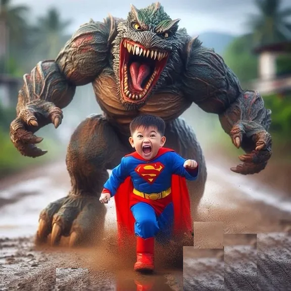 a little superman running away from giant fruit-monster