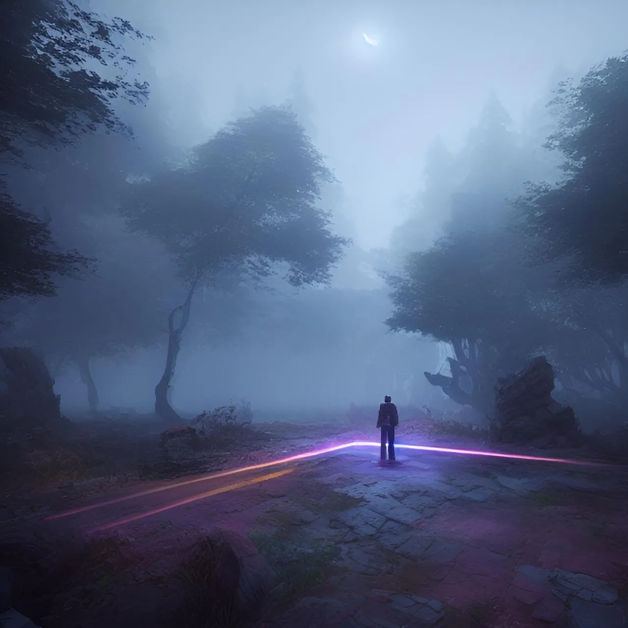 a man standing in the middle of a foggy forest