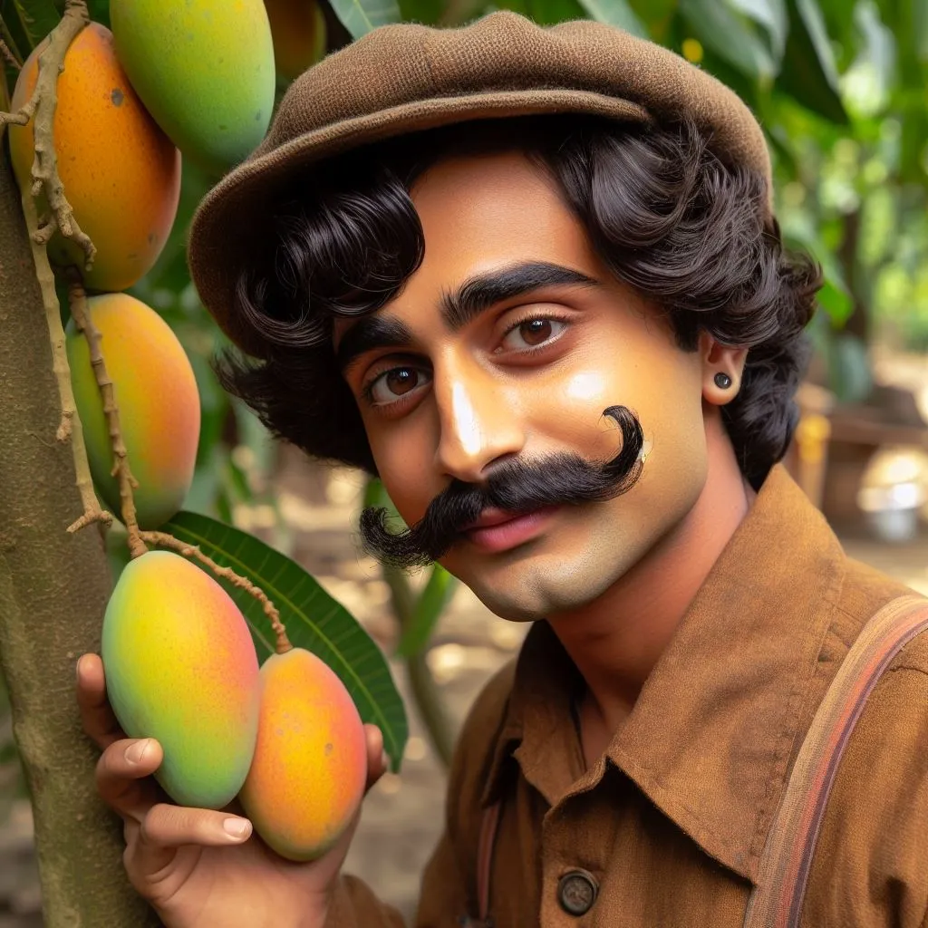 a young man with a moustache on his face standing next to a tree