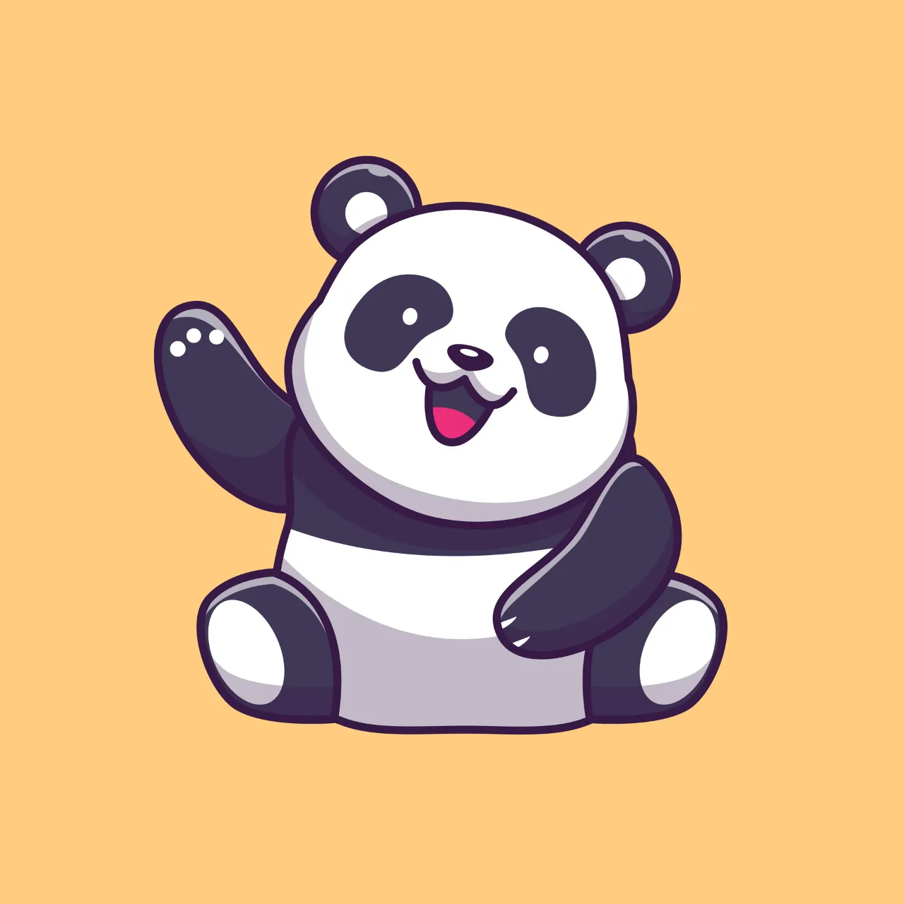 a panda bear sitting on top of a yellow background waving or waving goodbye with his hand

