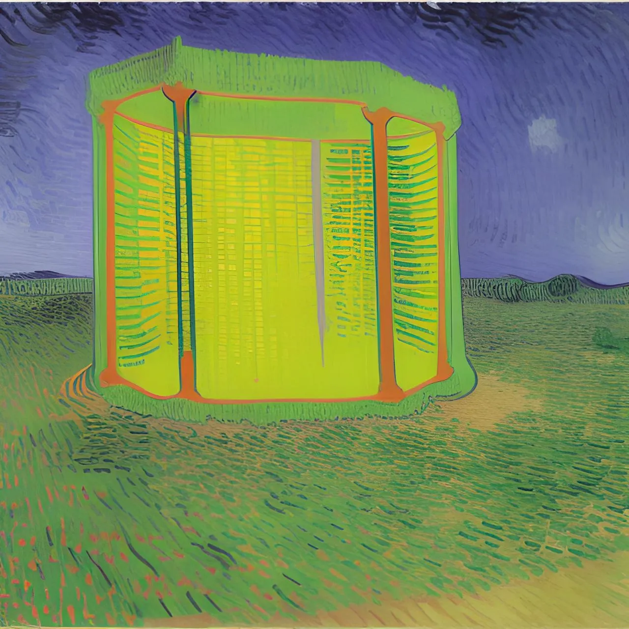 a painting of a yellow structure in a green field