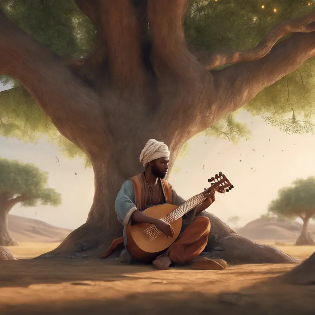 A musician playing the kora under a large tree.