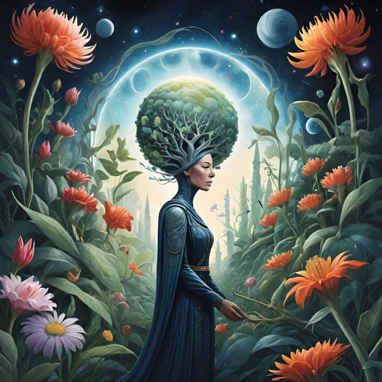 a painting of a woman with a tree on her head