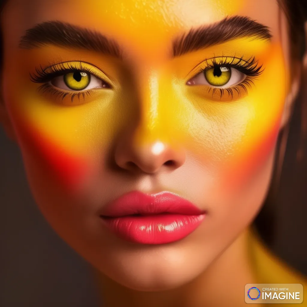 A woman with bright yellow and red makeup in a futuristic setting, with glowing neon lights reflecting on her skin