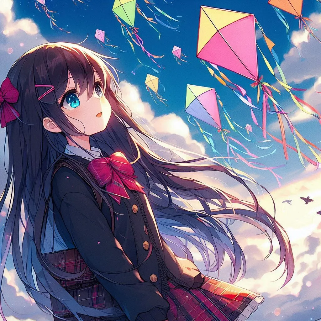 a girl in a school uniform is flying kites