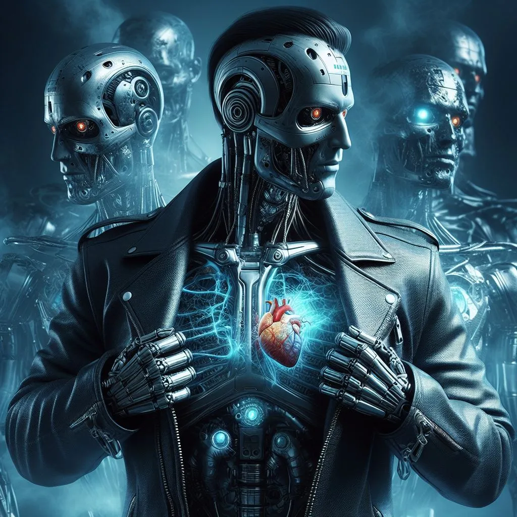 a man holding a heart in front of a group of humanoids