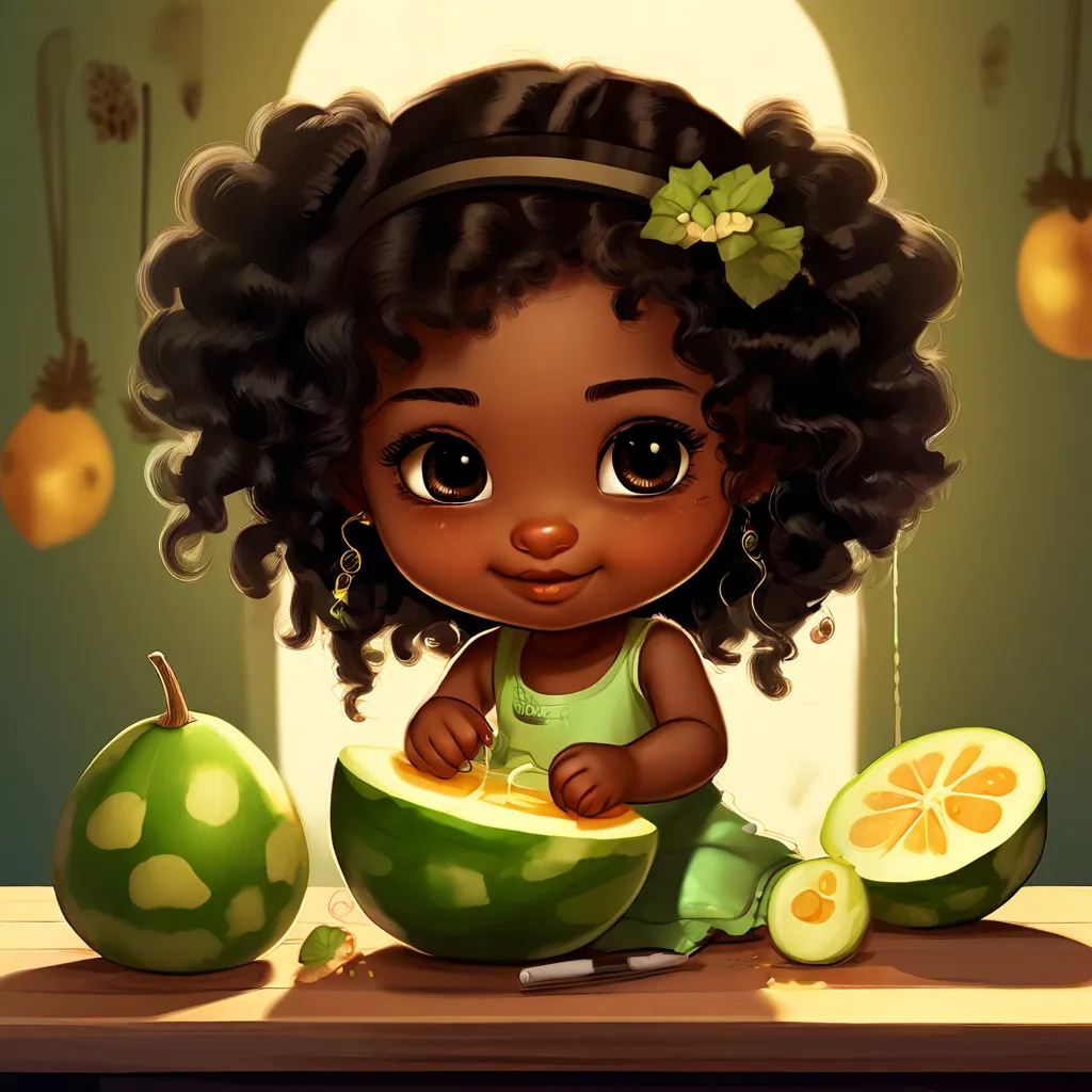 a digital painting of a little girl sitting in a bowl of fruit