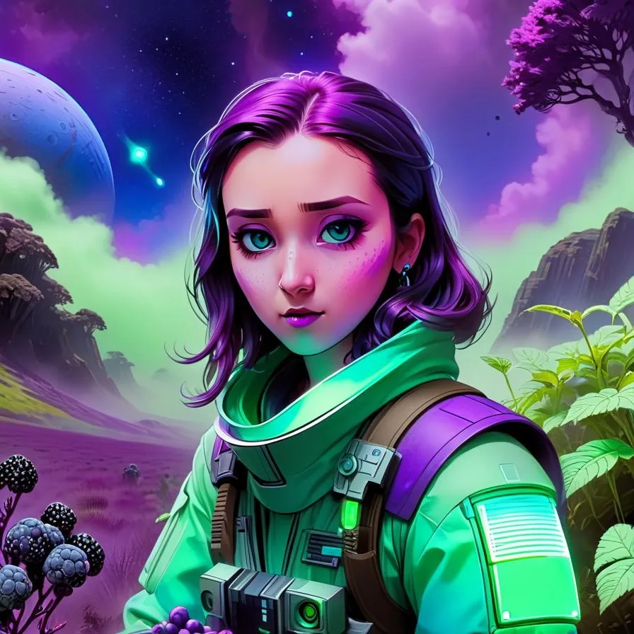 a girl in a space suit holding a purple flower