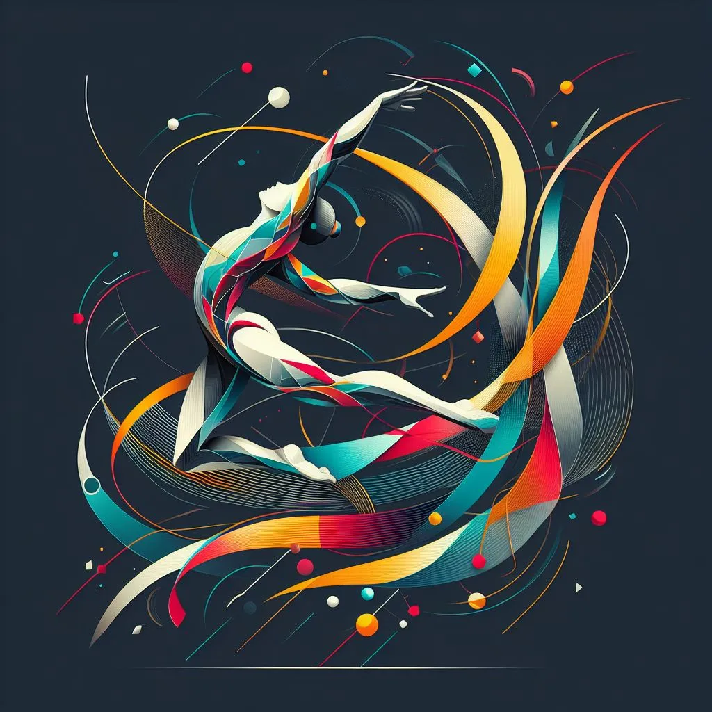 a woman is dancing with colorful lines and circles around her