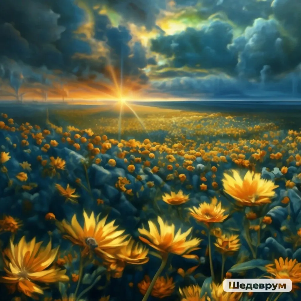 a painting of a field of sunflowers under a cloudy sky