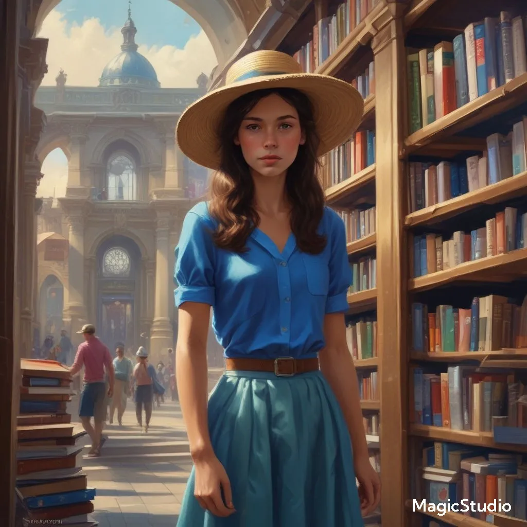 a painting of a woman standing in a library looking at shelf