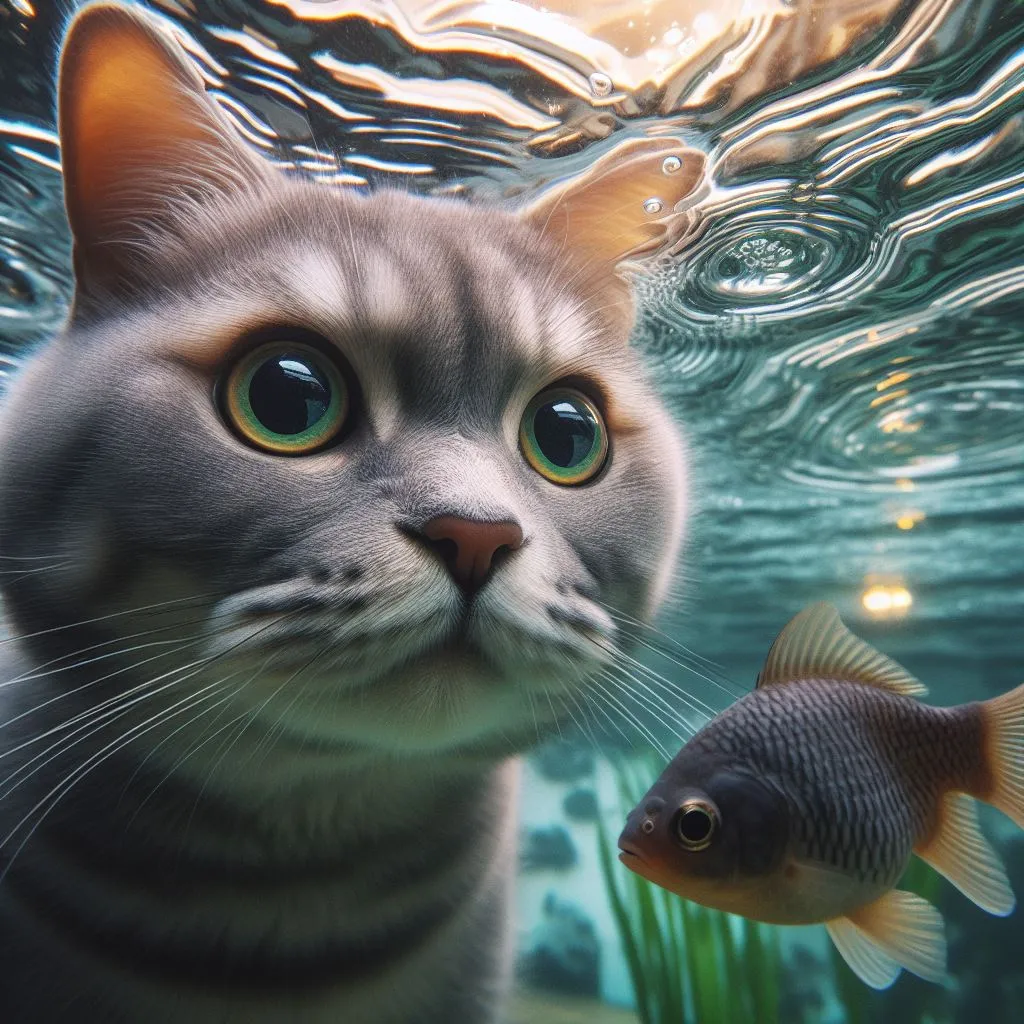 a cat looking at a fish in the water