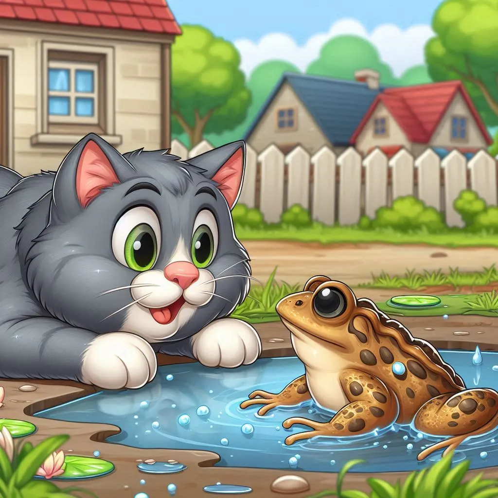 a cat and a frog in a puddle of water