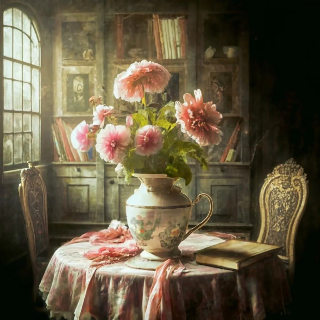 a painting of a vase of flowers on a table