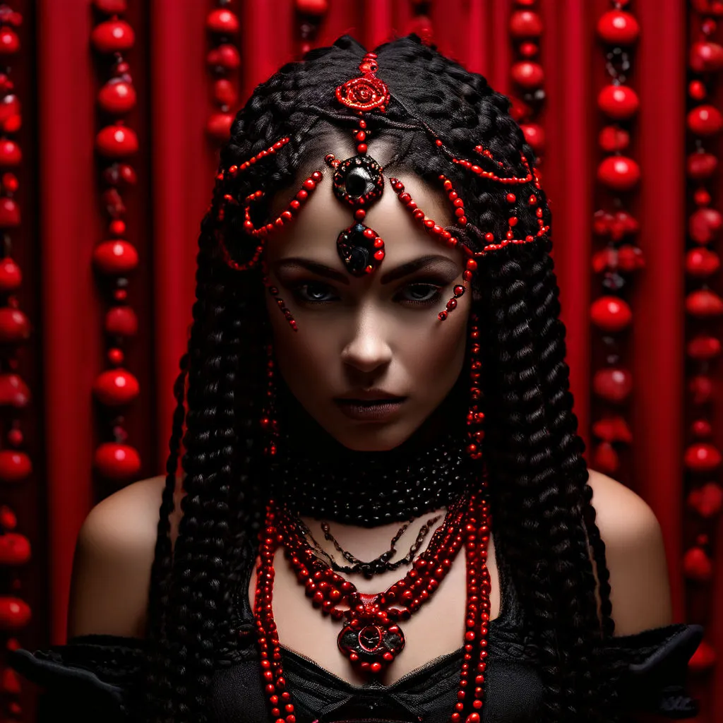 a woman with long braids and red beads