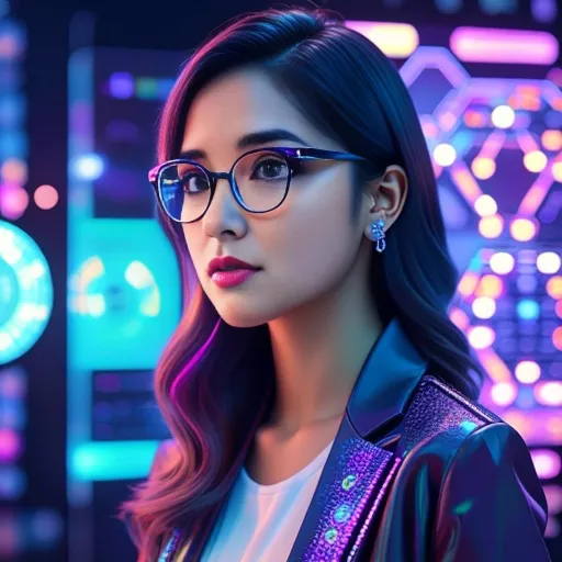 A woman wearing glasses standing in front of a colorful neon-lit cityscape at night