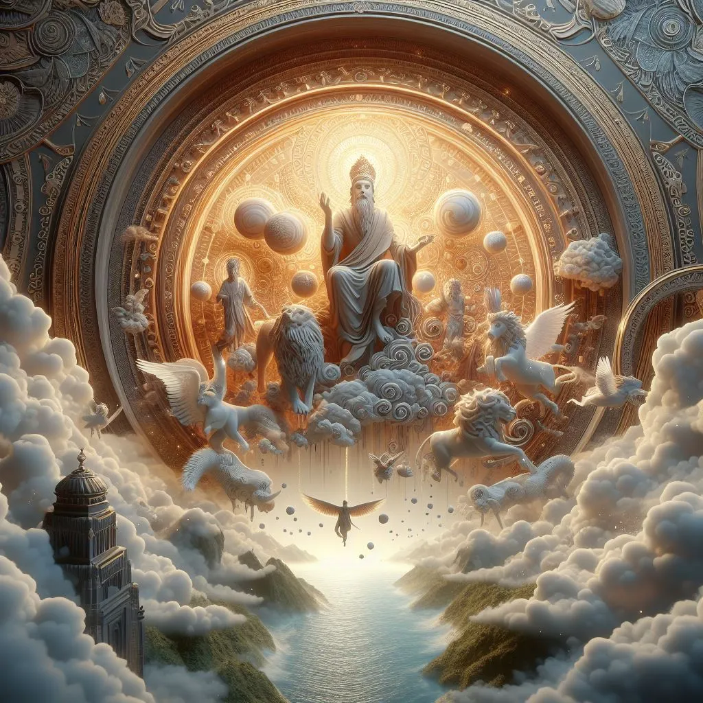 a painting of a buddha surrounded by clouds