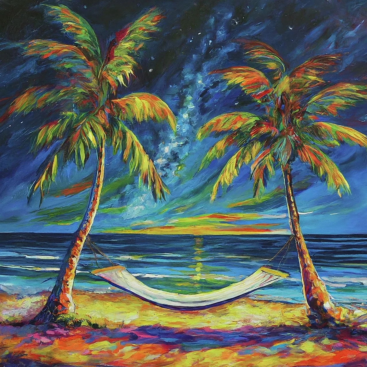 a painting of two palm trees and a hammock on the beach