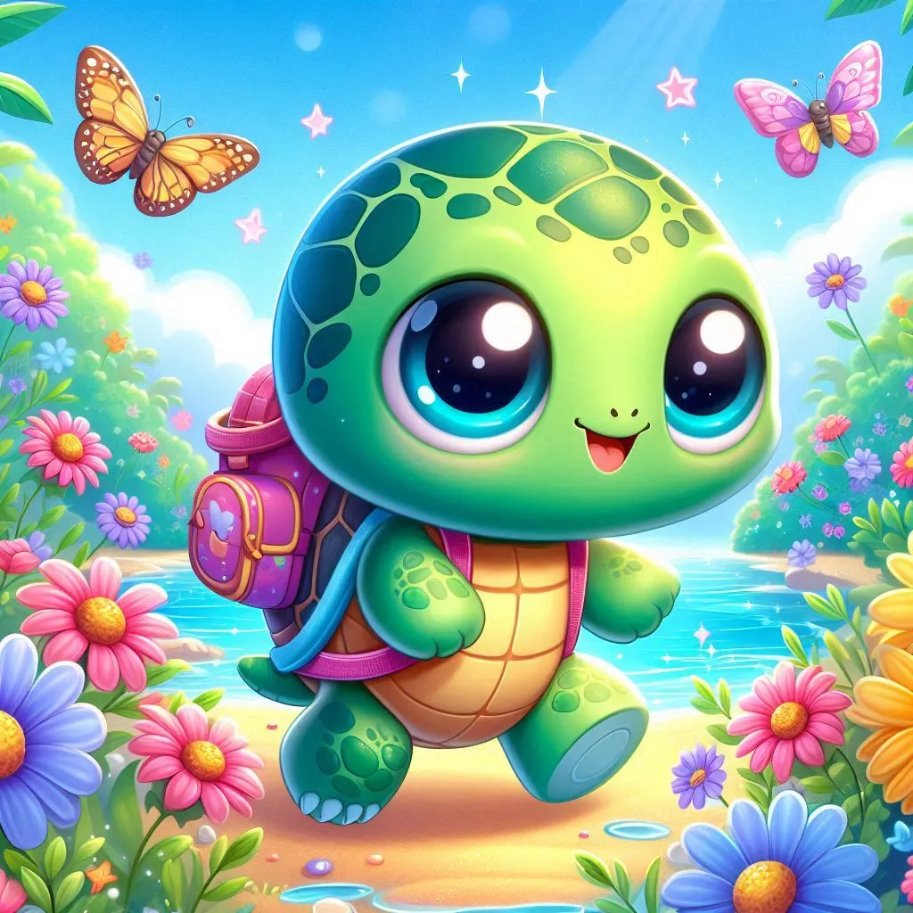 a cartoon turtle with a backpack and butterflies