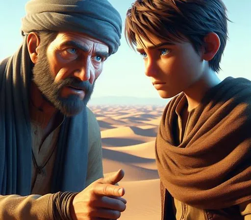 a man and a boy in the desert